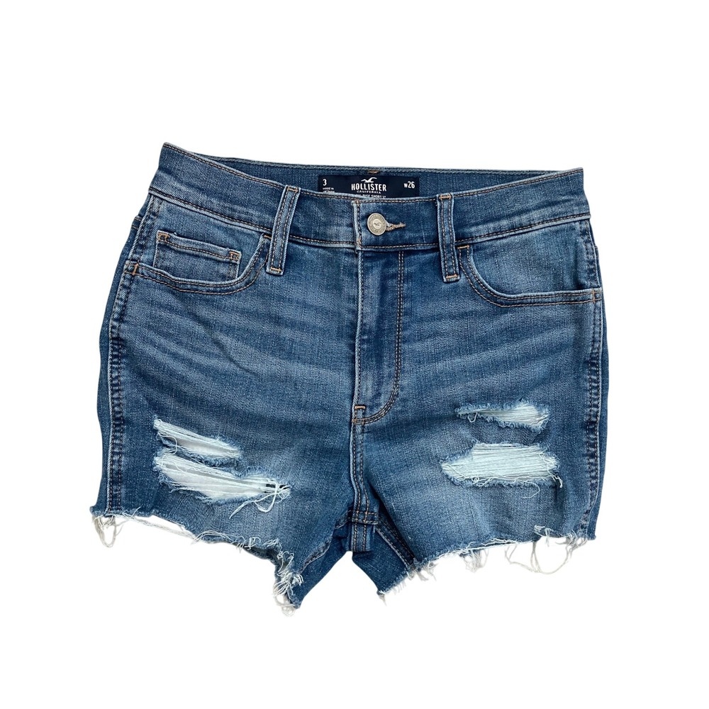 Hollister High Rise Distressed‎ Denim Shorts Medium Wash Blue Raw Hem W26 Size 3